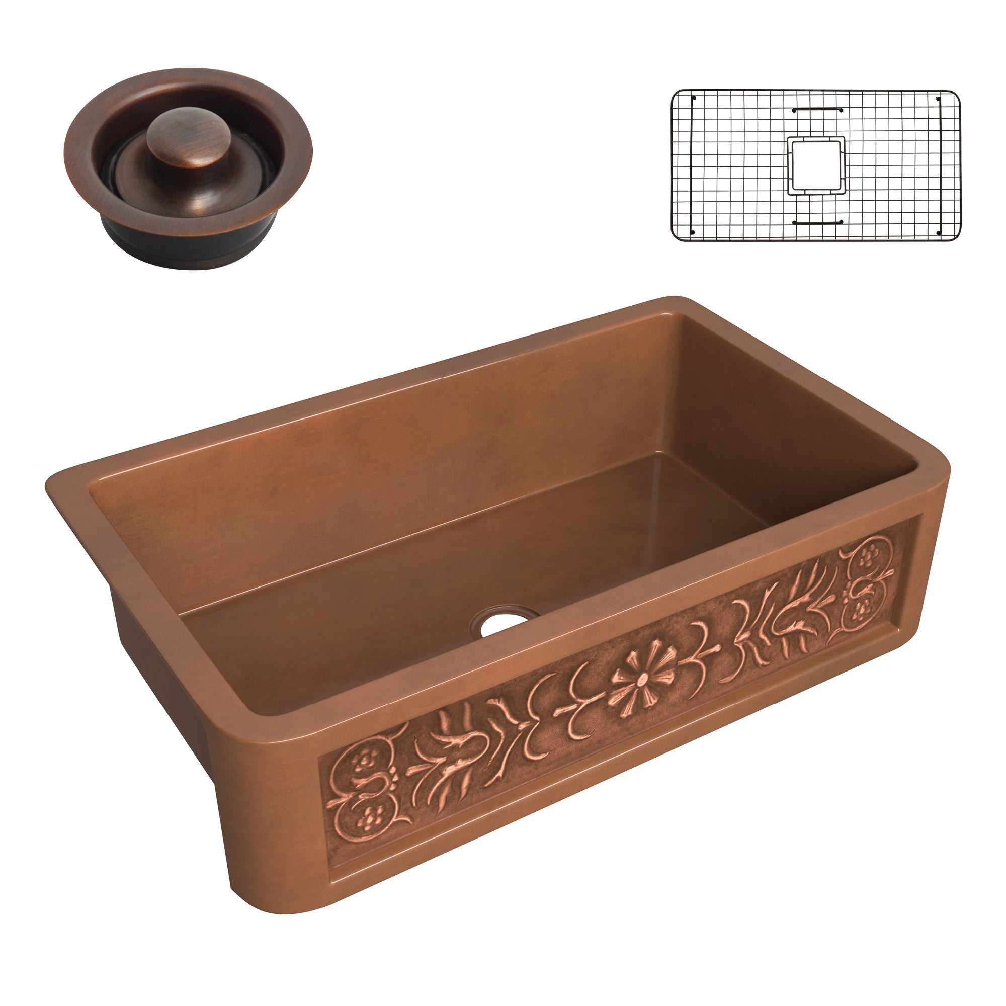 ANZZI  Thracian Farmhouse Handmade Copper 36 in. 0-Hole Single Bowl Kitchen Sink with Flower Design Panel ANZZI