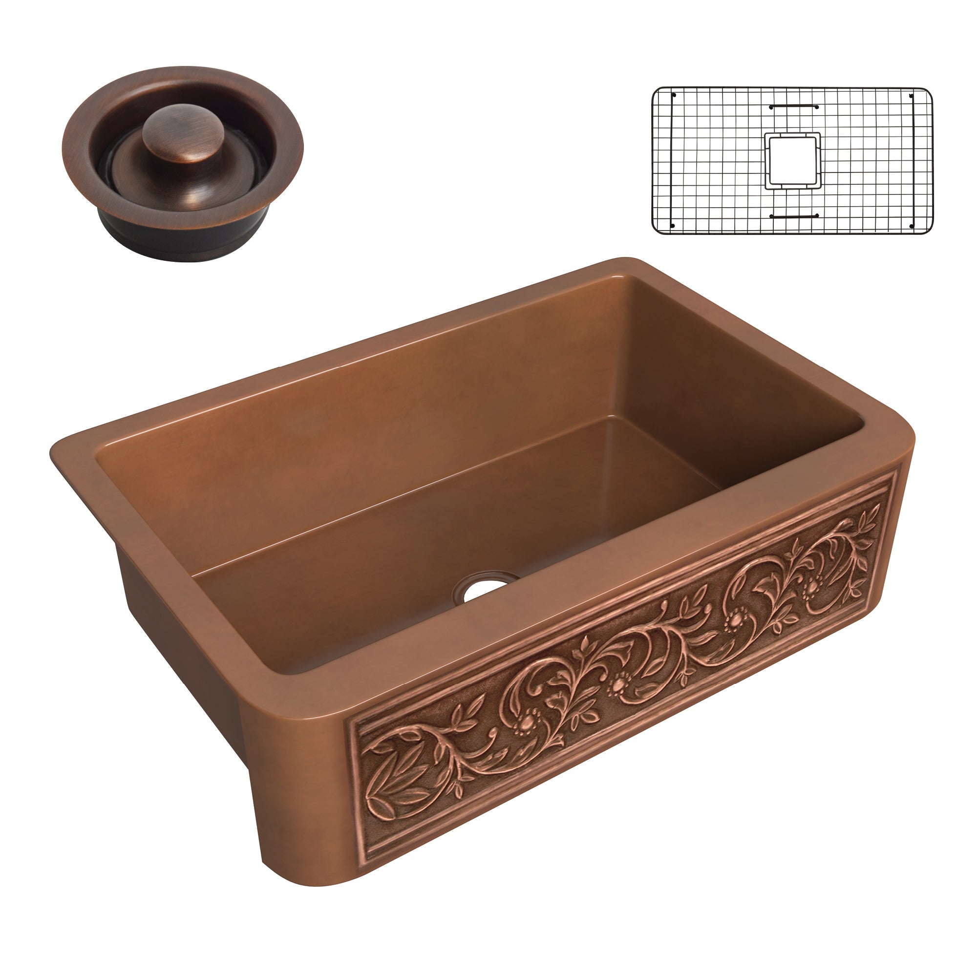 ANZZI  Tripolis Farmhouse Handmade Copper 33 in. 0-Hole Single Bowl Kitchen Sink with Floral Design Panel ANZZI