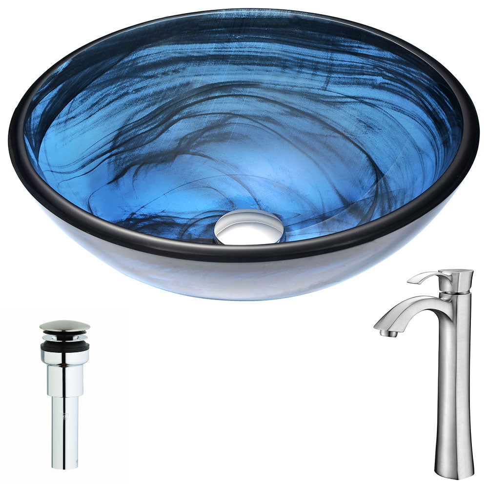 ANZZI  Soave Series Deco-Glass Vessel Sink in Sapphire Wisp with Harmony Faucet ANZZI