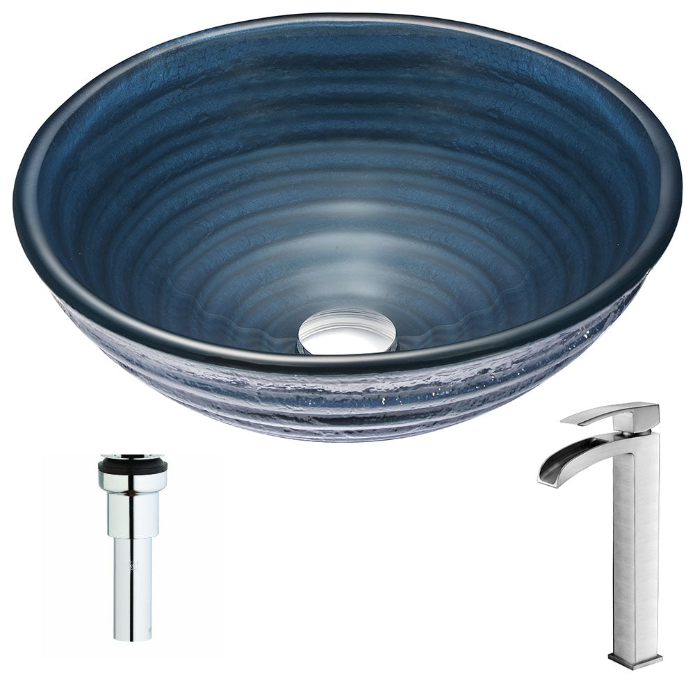 ANZZI  Tempo Series Deco-Glass Vessel Sink in Coiled Blue with Key Faucet ANZZI