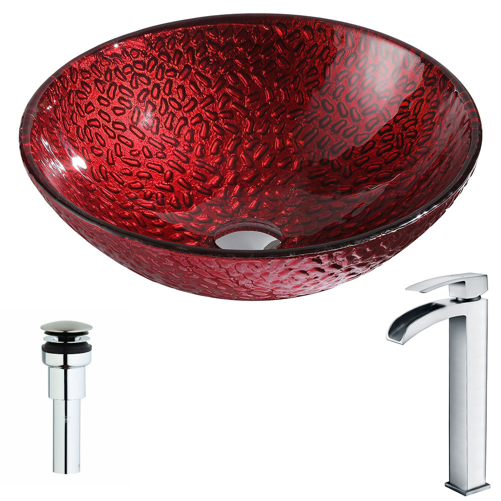 ANZZI  Rhythm Series Deco-Glass Vessel Sink in Lustrous Red Finish with Key Faucet ANZZI