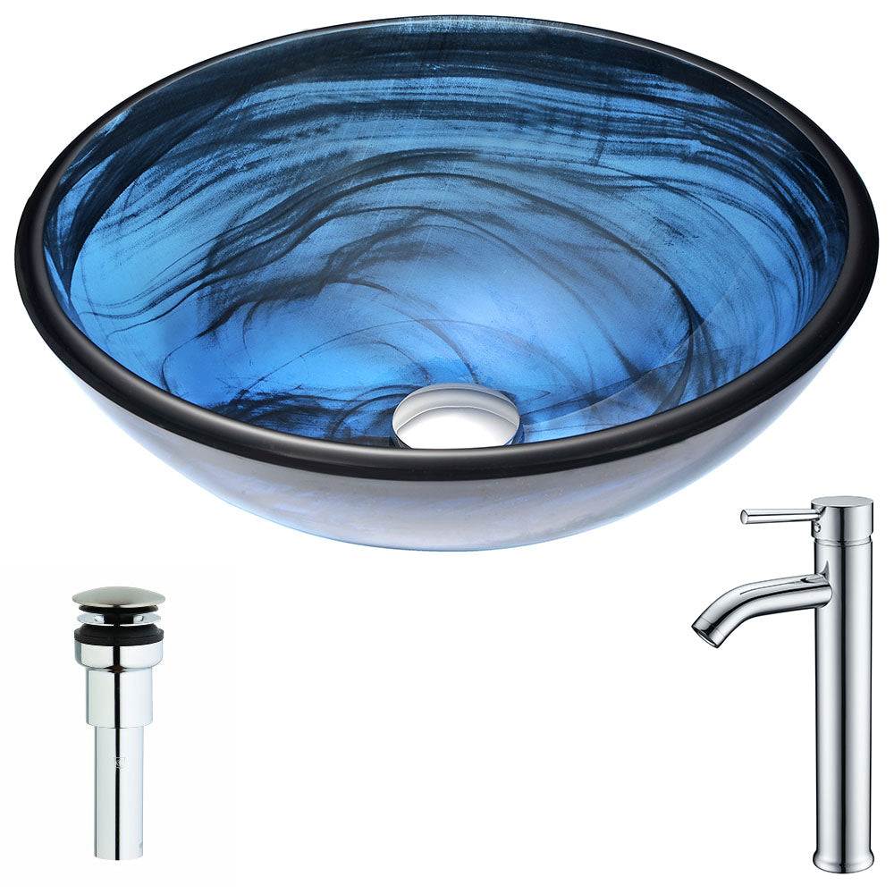 ANZZI  Soave Series Deco-Glass Vessel Sink in Sapphire Wisp with Fann Faucet ANZZI