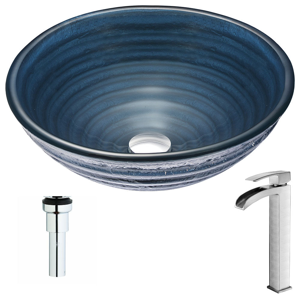 ANZZI  Tempo Series Deco-Glass Vessel Sink in Coiled Blue with Key Faucet ANZZI