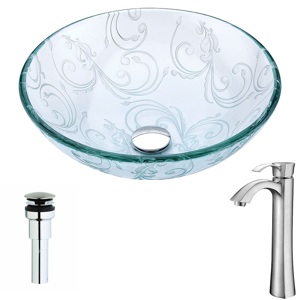 ANZZI  Vieno Series Deco-Glass Vessel Sink in Crystal Clear Floral with Harmony Faucet ANZZI