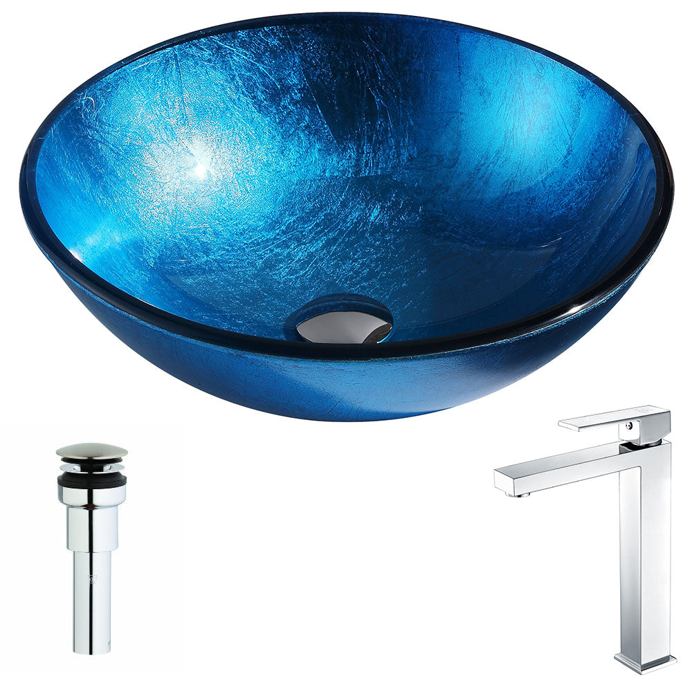 ANZZI  Arc Series Deco-Glass Vessel Sink in Lustrous Light Blue with Enti Faucet ANZZI