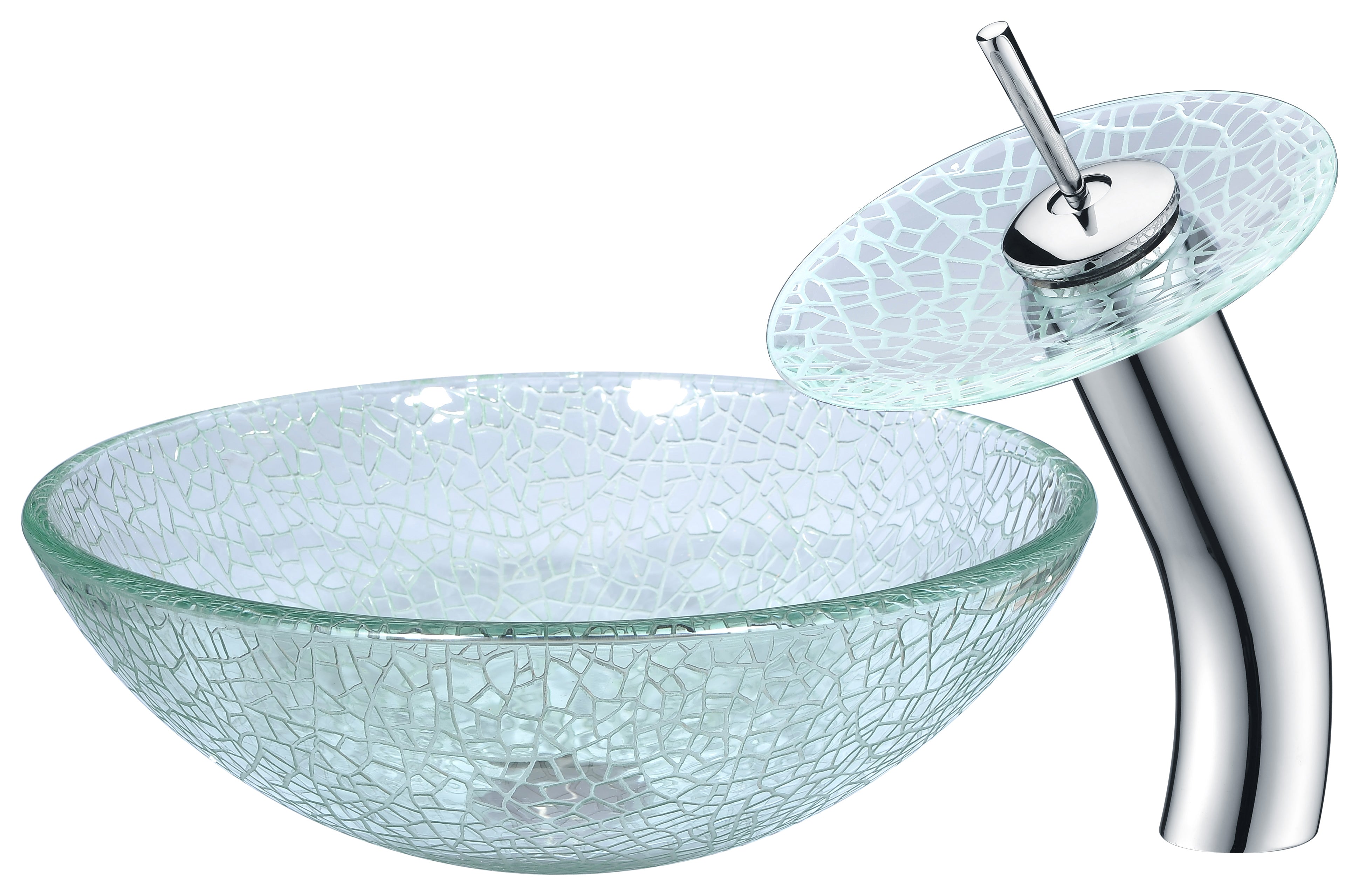 ANZZI  Paeva Series Deco-Glass Vessel Sink in Crystal Clear Chipasi with Matching Chrome Waterfall Faucet ANZZI