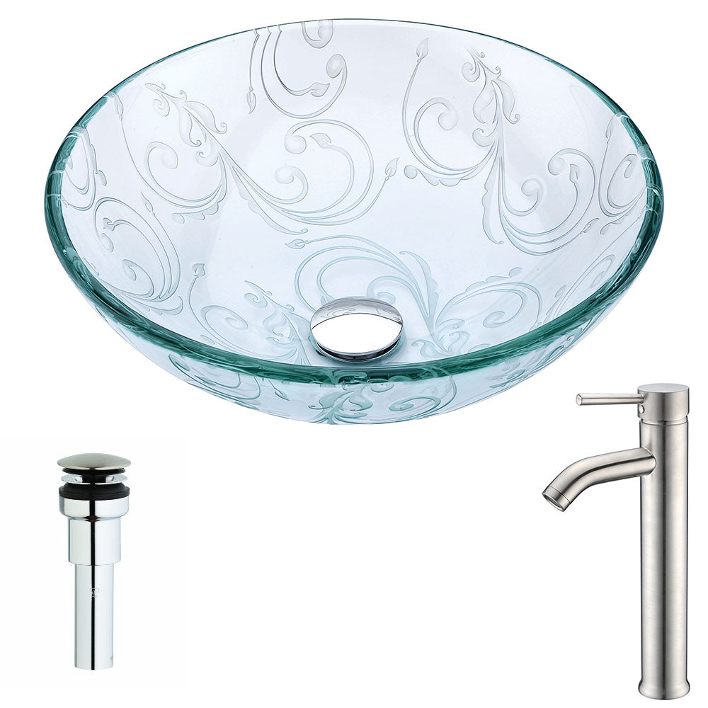 ANZZI  Vieno Series Deco-Glass Vessel Sink in Crystal Clear Floral with Fann Faucet ANZZI