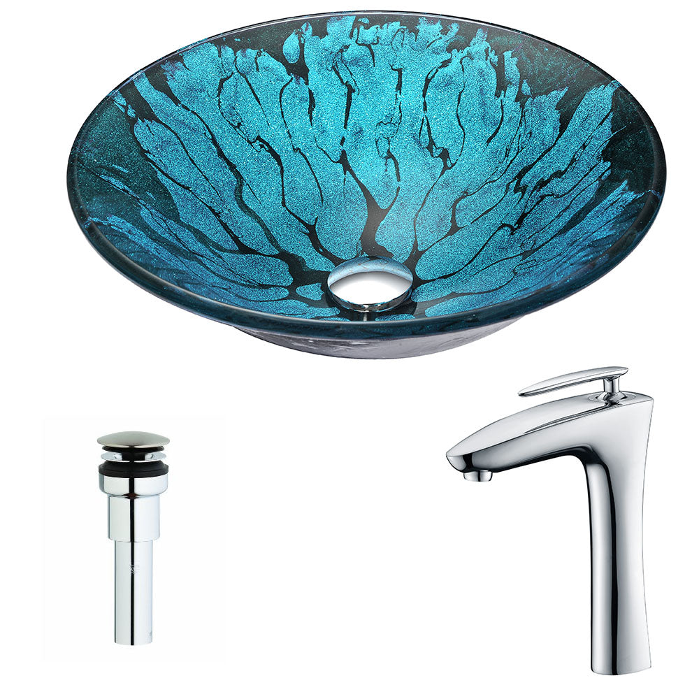 ANZZI  Key Series Deco-Glass Vessel Sink in Lustrous Blue and Black with Crown Faucet ANZZI
