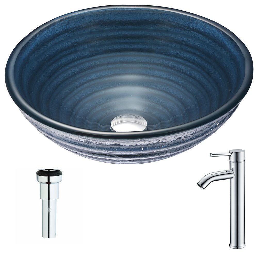 ANZZI  Tempo Series Deco-Glass Vessel Sink in Coiled Blue with Fann Faucet ANZZI