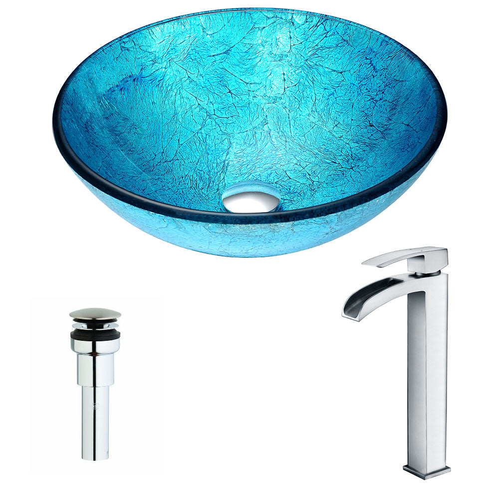 ANZZI Accent Series Deco-Glass Vessel Sink in Blue Ice with Key Faucet ANZZI