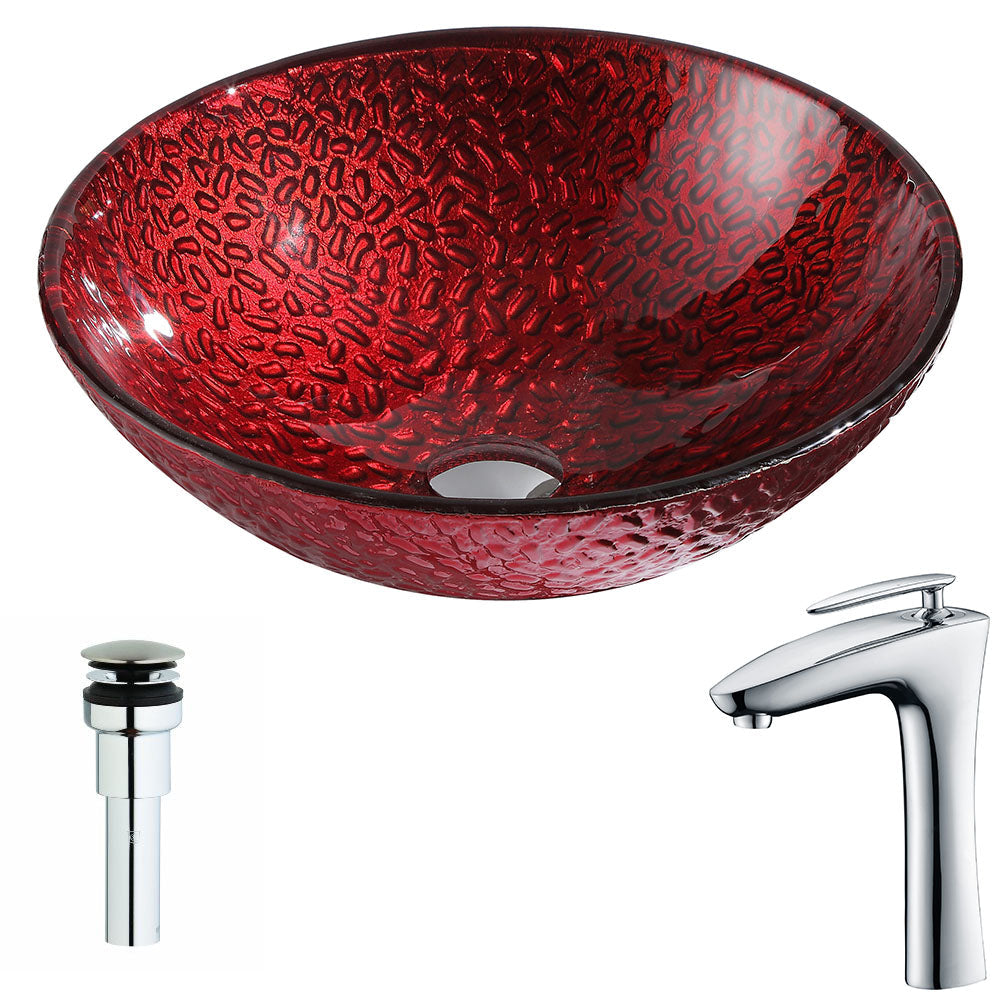ANZZI  Rhythm Series Deco-Glass Vessel Sink in Lustrous Red Finish with Crown Faucet ANZZI