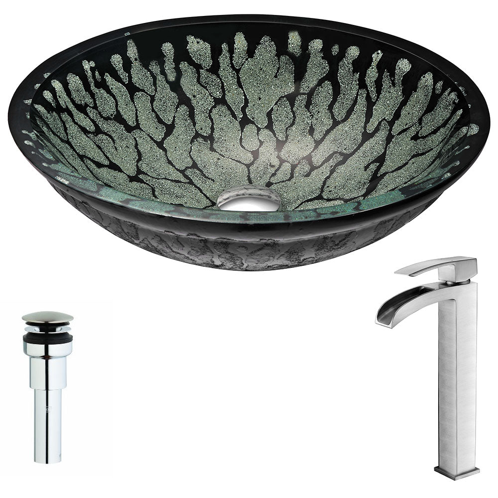 ANZZI  Bravo Series Deco-Glass Vessel Sink in Lustrous Black with Key Faucet ANZZI