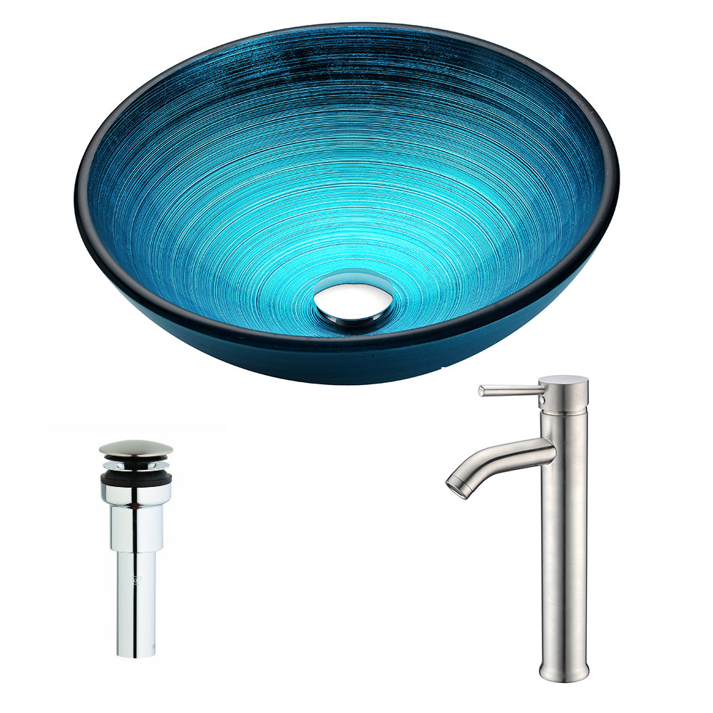 ANZZI  Enti Series Deco-Glass Vessel Sink in Lustrous Blue with Fann Faucet ANZZI