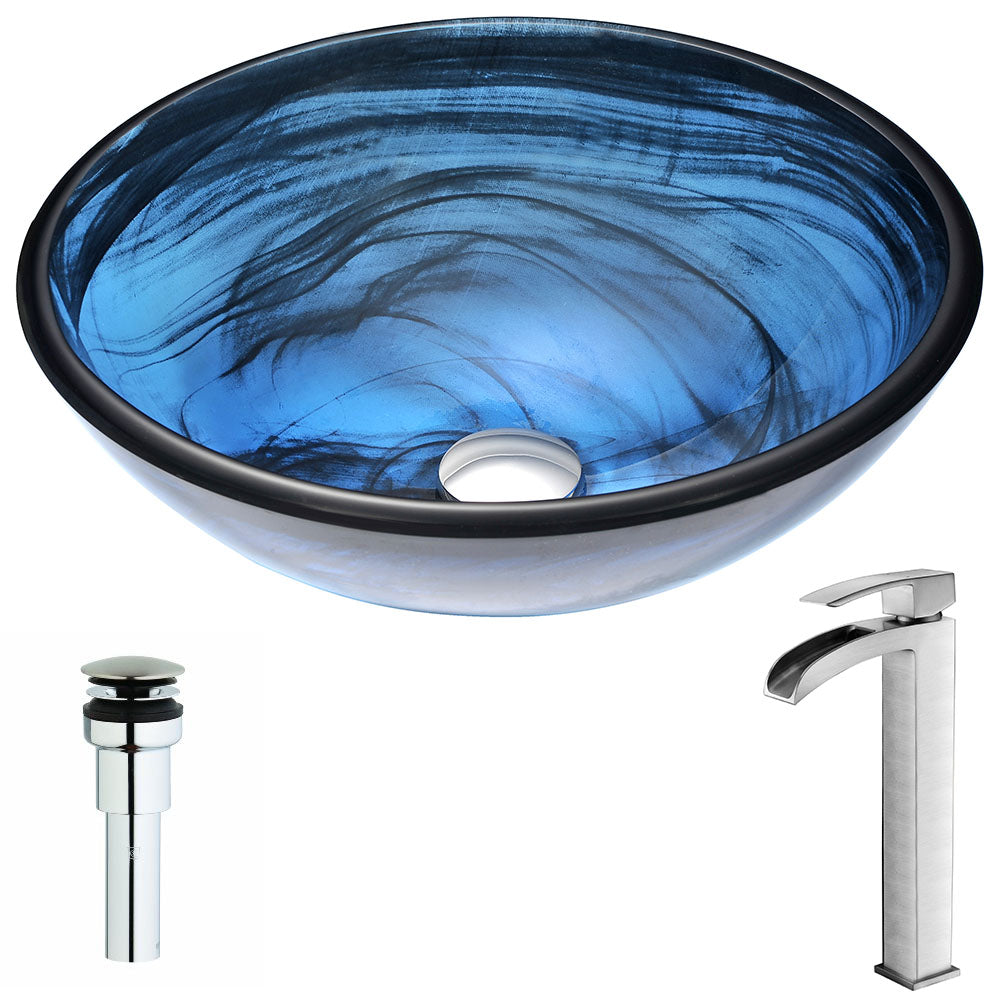 ANZZI  Soave Series Deco-Glass Vessel Sink in Sapphire Wisp with Key Faucet ANZZI