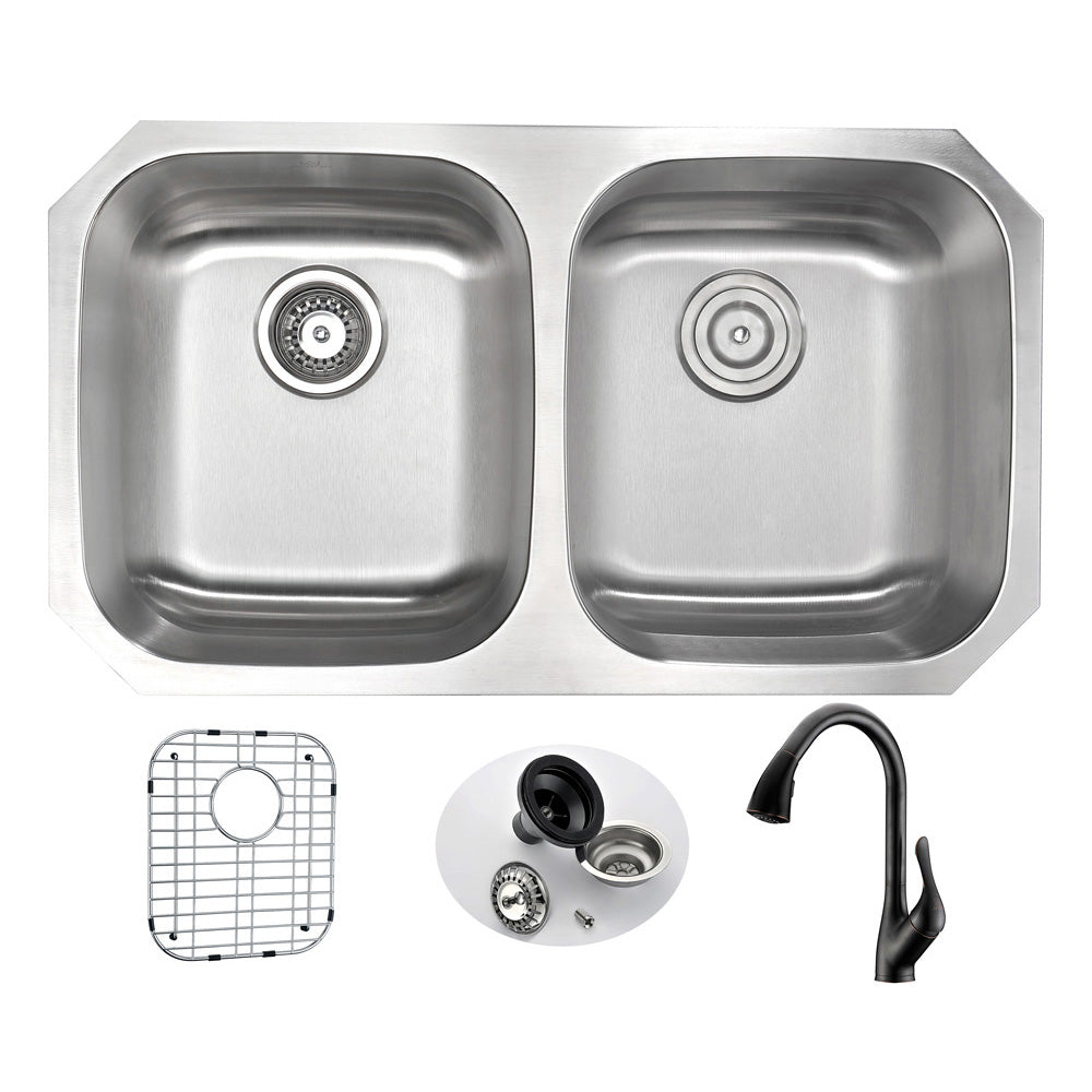 ANZZI  MOORE Undermount 32 in. Double Bowl Kitchen Sink with Accent Faucet ANZZI